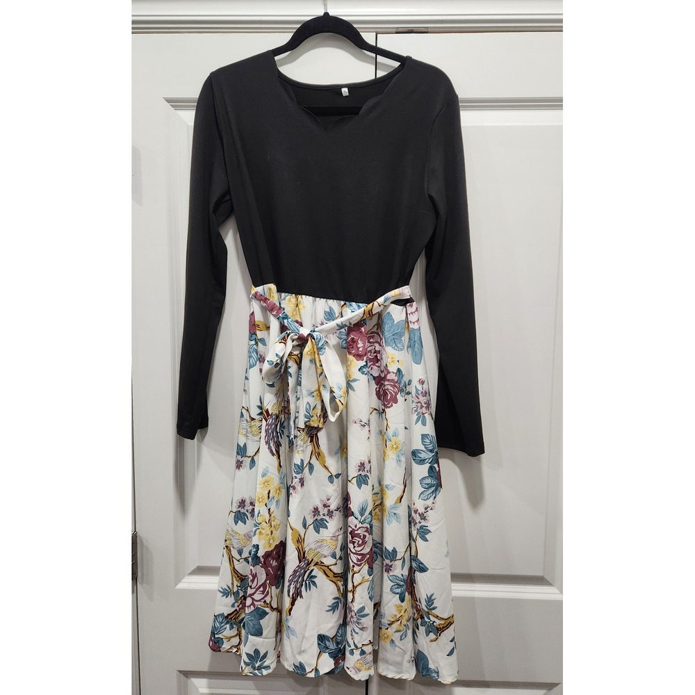 Women XL Long Sleeve Scalloped Neck‎ Floral Bird Print Fit Flare Dress Stretchy